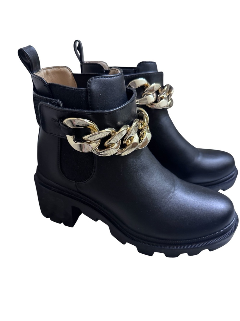 Steve Madden Black Leather Lug Sole Ankle Boots with Gold Chain Accent